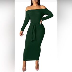 Off Shoulder Long Sleeves Bodycon Sweater Dress ( dark green)